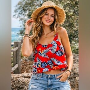 NEW Roxy Tropical Flowy Crop Tank Top Red Feather Print Size Small NWT